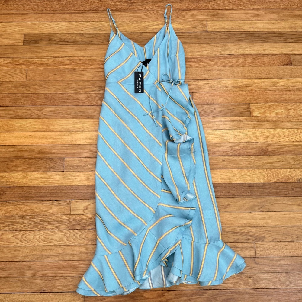 PAPER London Peonie Striped Ruffle Hem Wrap Linen Blend Midi Strappy Dress